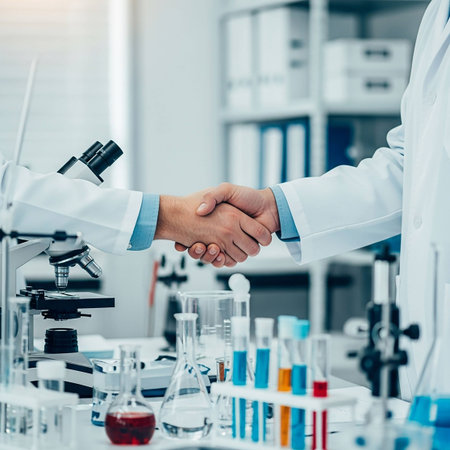cropped shot of biochemist shaking hands with colleague in laboratoryの写真素材