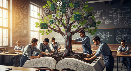 Teamwork and education concept as a team of business people working together to build a tree in a...