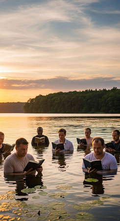 Group of men reading a book on the lake at sunset