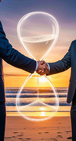 Conceptual image of businessman and businesswoman shaking handsの写真素材