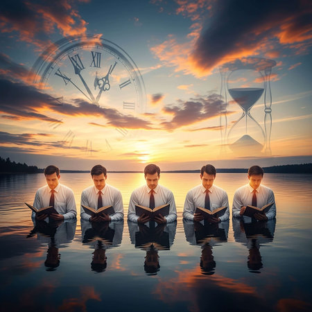 Concept of time management with business people reading a book in a lake
