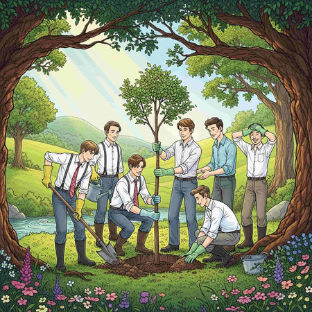 Business team planting trees in the park. Hand drawn vector illustration.の写真素材