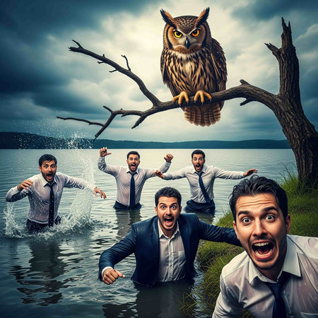 Business people are drowning in the lake and trying to catch a big owl.の写真素材