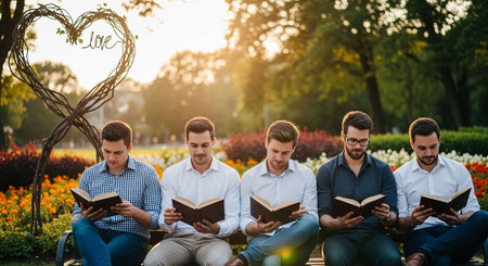 Group of students reading a book in the park. Education concept.の写真素材