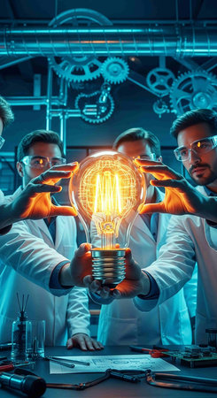 Group of scientists in lab coats working with lightbulb in laboratoryの写真素材