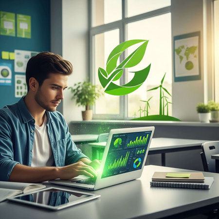 Young man using laptop in office with green ecology concept. 3D Renderingの写真素材