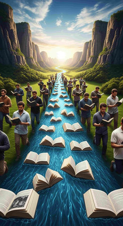 Group of people reading books in the river. 3D rendering.