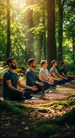 Group of young men sitting in lotus position in the forest.の写真素材