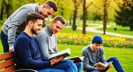 education, leisure, friendship and people concept - group of smiling students with books sitting on bench in parkの写真素材