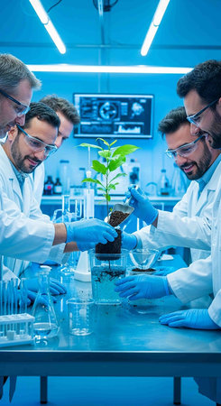 Group of scientists working with plants in laboratory. Science and technology concept.の写真素材