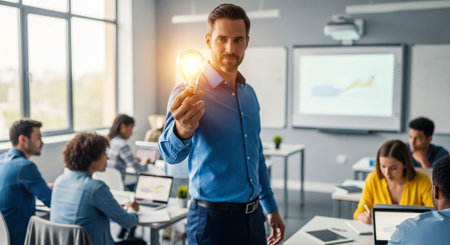 Businessman holding lightbulb in hand and looking at camera in office