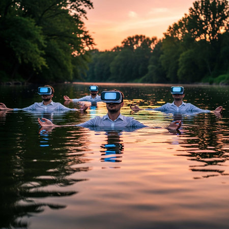 Businessmen with virtual reality headset or 3d glasses in the river at sunsetの写真素材