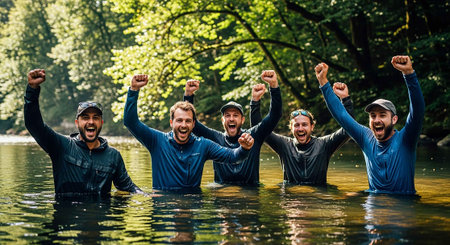 Group of happy friends having fun in a river. Group of friends having fun outdoors.の写真素材