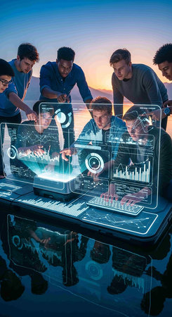 High angle view of business people using digital tablet against blue and orange skyの写真素材