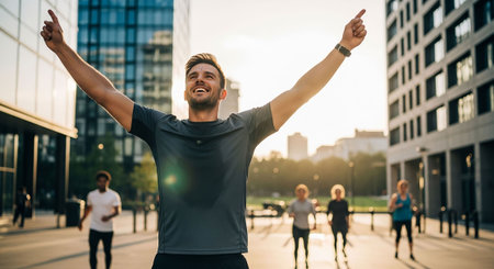 Happy young man in sportswear dancing with arms raised while friends running in the background