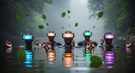 3D rendering of a group of people wearing virtual reality glasses and floating leaves