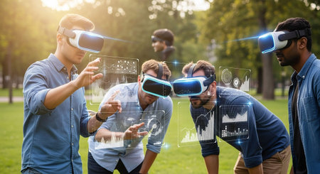 business, technology, virtual reality and people concept - group of happy creative team with virtual...