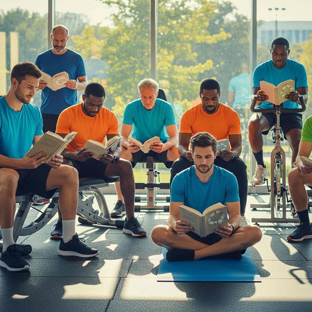 Group of men reading books in a gym