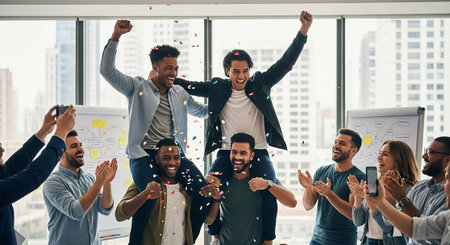 Group of happy young business people in smart casual wear celebrating and gesturing while working in officeの写真素材