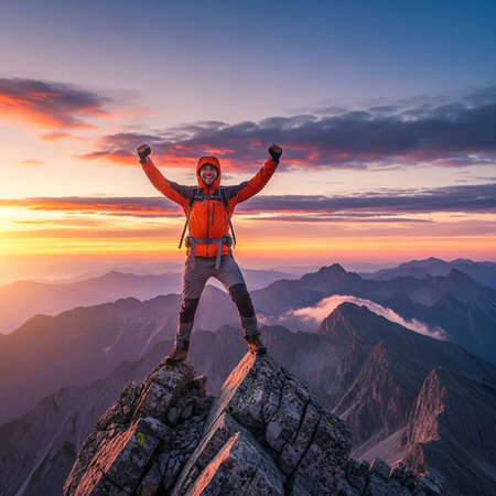 Successful hiker standing on the top of a mountain at sunset.の写真素材