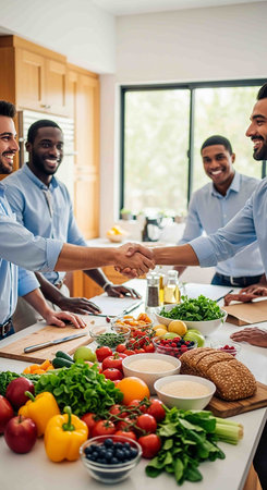 Handsome young African American man and his friends are cooking together in the kitchen at home.の写真素材