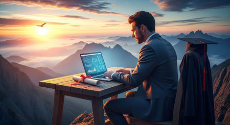 Businessman sitting at table with laptop against scenic view of mountain landscapeの写真素材