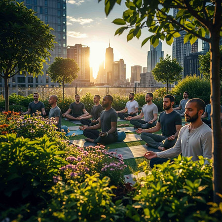Group of people practicing yoga in the city park at sunset.の写真素材