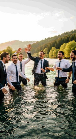 Group of young businessmen standing in a lake and waving their hands.