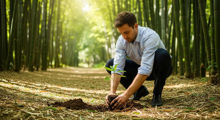 Young man planting a tree in the bamboo forest. Environment and ecology concept.の写真素材