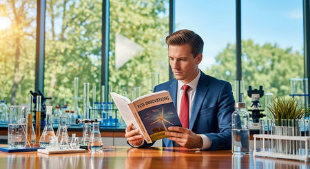 Concentrated scientist reading a book in a laboratory. He is sitting at the table and reading a book.の写真素材