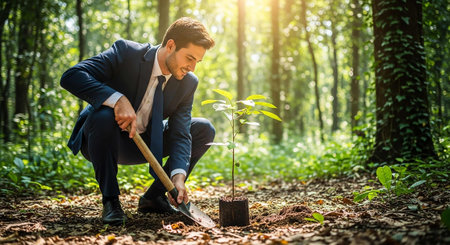 Young businessman planting tree in the forest. Business and nature concept.の写真素材