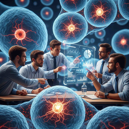 business, technology, internet and people concept - group of smiling businessmen in suits working with virtual screens in officeの写真素材