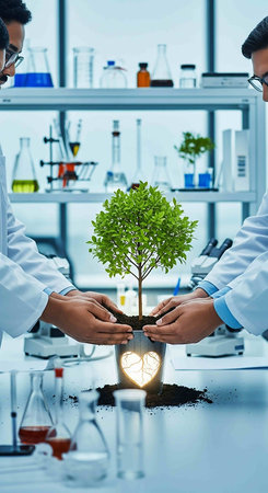 biochemist in eyeglasses holding green tree in laboratory