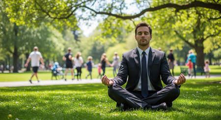 Businessman meditating in Lotus position in the park with people in the backgroundの写真素材