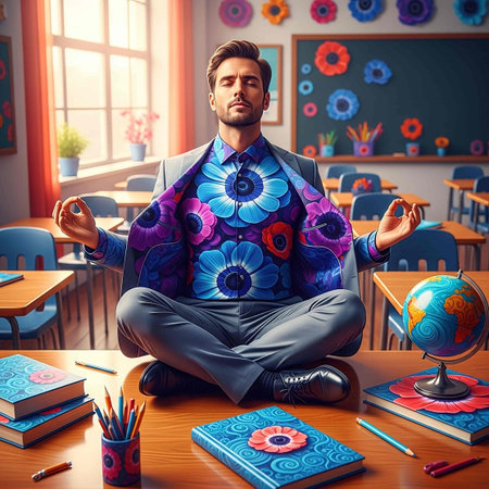 Young man sitting in lotus pose and meditating in the classroom.の写真素材