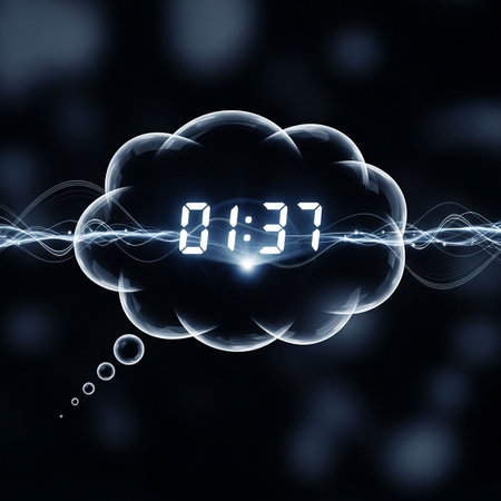 Digital composite of 3D digital clock against blue background with clouds and lightsの写真素材