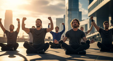 Group of young people in sportswear meditating in the cityの写真素材