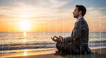 Businessman meditating on the beachの写真素材