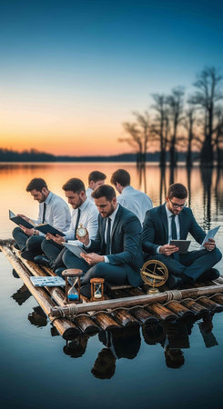Group of business people working on laptop and tablet computer while sitting on a raft on a lake at sunsetの写真素材