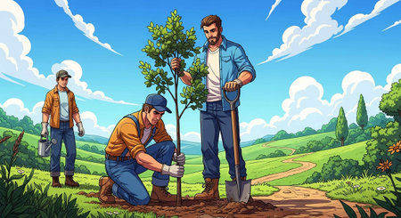 Vector illustration of two men planting a tree in the garden. Vector illustrationの写真素材