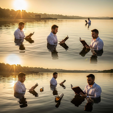 Group of people reading books on the lake at sunset.の写真素材