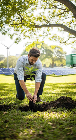 Young man planting a tree in the garden with solar panels in the backgroundの写真素材