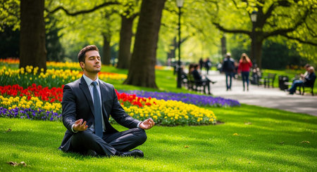 Businessman meditating in the park with tulip flowers in the backgroundの写真素材