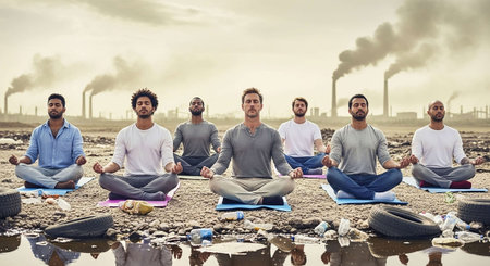 Group of people meditating in lotus pose in front of a factory