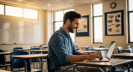 Side view of young male student using laptop while sitting at desk in classroomの写真素材