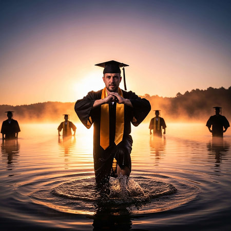 Graduate in the misty lake at sunrise. 3D Renderingの写真素材