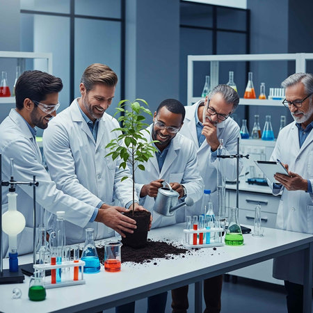 Genetically modified plants. Group of young scientists working together in the laboratory.の写真素材
