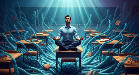 Businessman meditating in lotus pose with hands in yoga position
