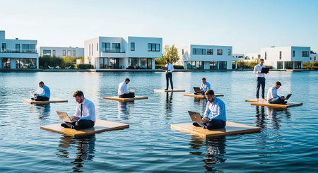 Group of people working on laptop and doing yoga in a lake