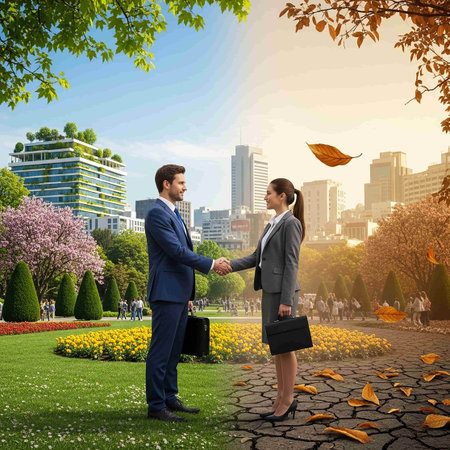 Image of businessman and businesswoman shaking hands with each other in park